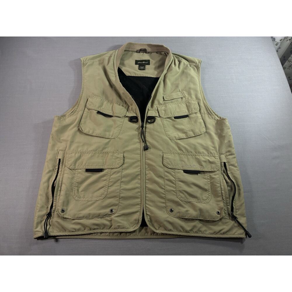 Eddie Bauer Mens Large Utility Vest Khaki Outdoor Fishing Travel Zip Pockets
